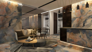 Cosmopolitan marble living area wall and floor