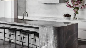 Tundra Gray Natural Stone Kitchen Project with island waterfall
