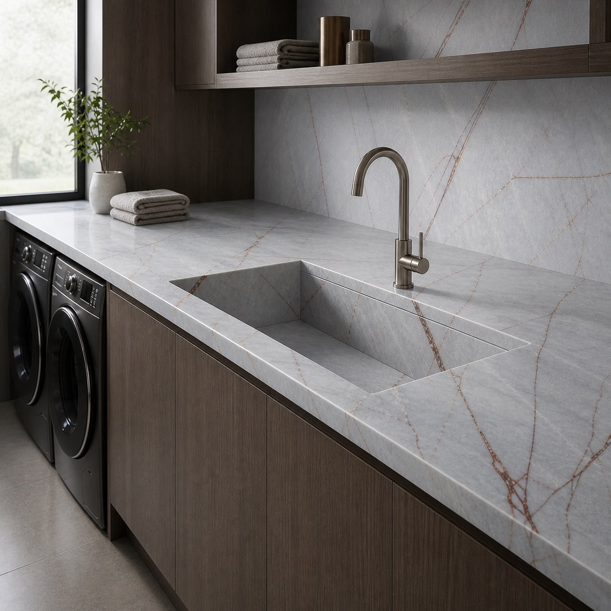 Custom Deep River stone sink inserted into a long vein-matched laundry benchtop