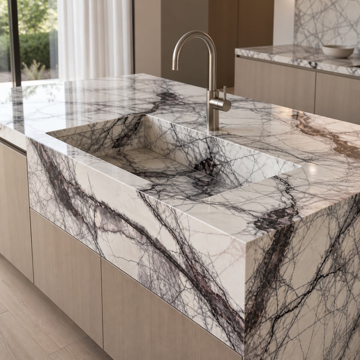 Custom Lilac Exclusive stone sink integrated into a vein-matched kitchen island