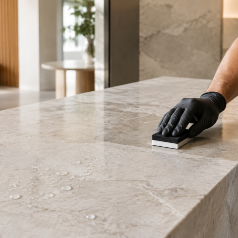 Stone care professional applying a clear coating to a pale natural stone benchtop