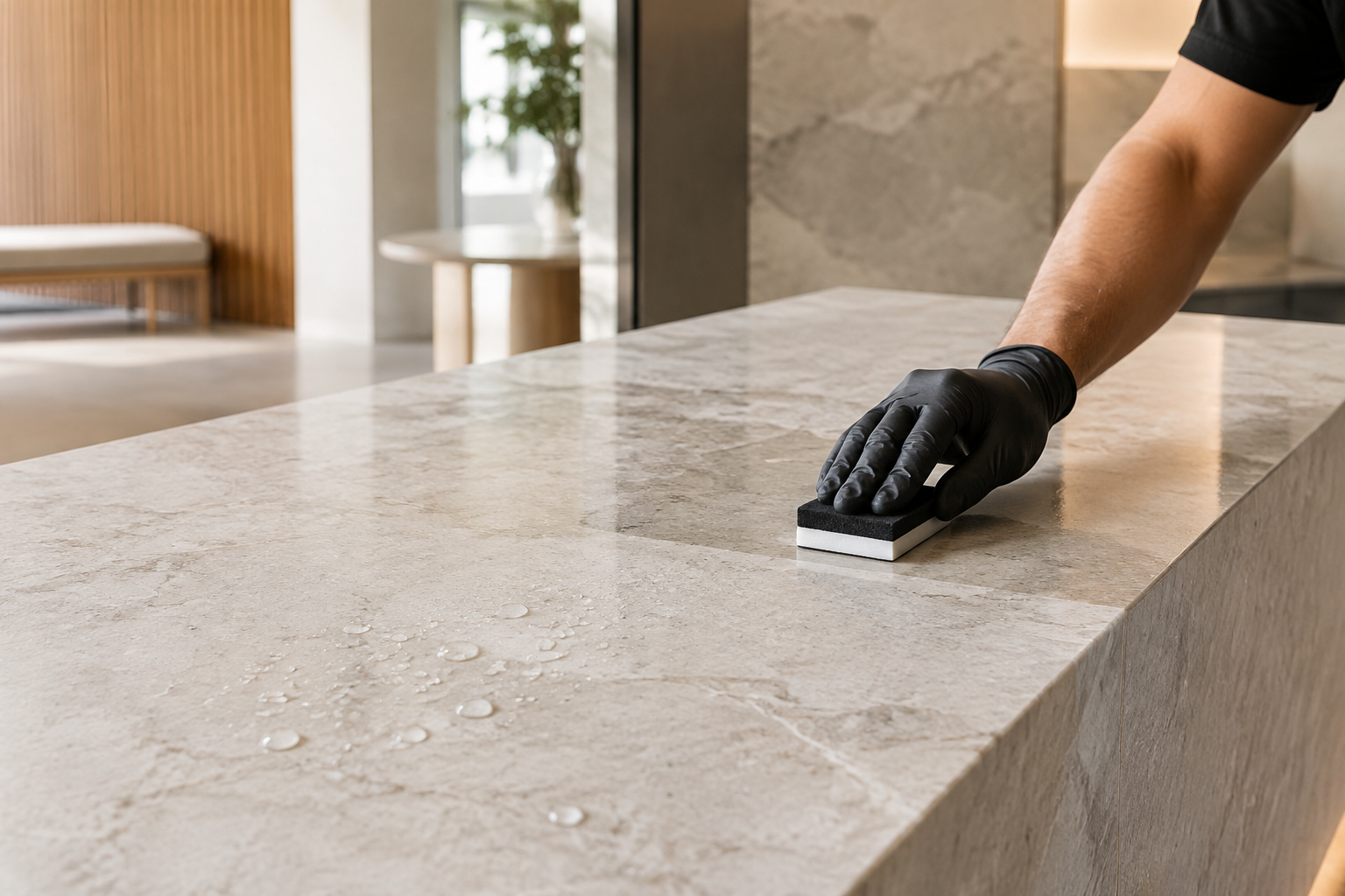 Stone care professional applying a clear coating to a pale natural stone benchtop