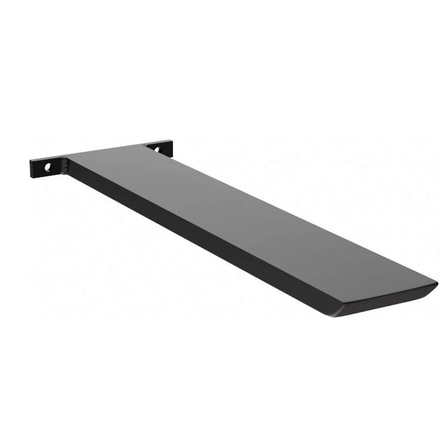 Single black hidden island benchtop support bracket with a fixing flange and bevelled end