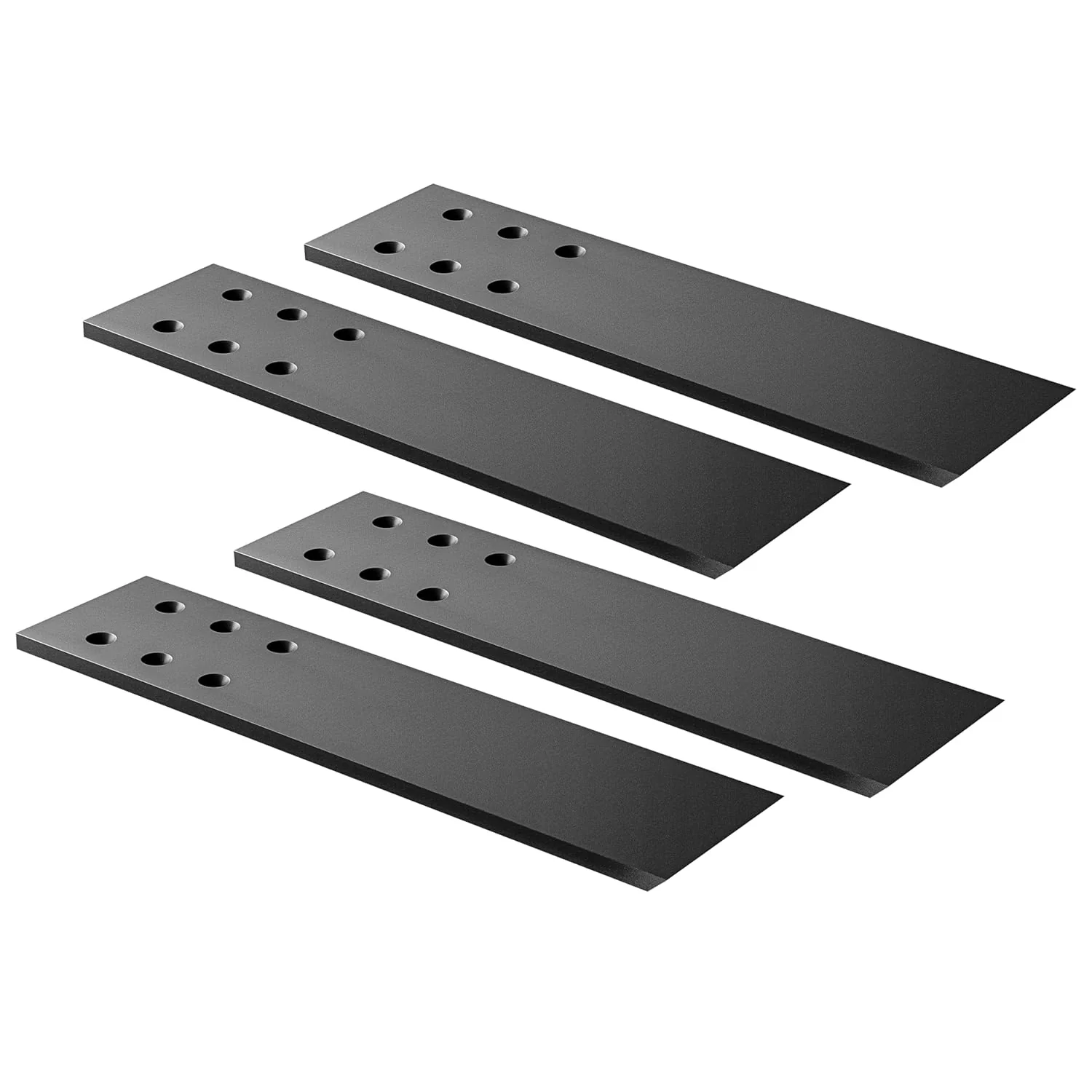 Four black concealed benchtop support brackets with fixing holes and bevelled ends