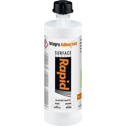 Integra Surface Bonder RAPID 250ml stone adhesive cartridge shown in Glacier White