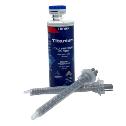 Tenax Titanium 250ml vinylester stone adhesive cartridge shown with mixing tips